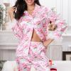 Amiblvowa Christmas Pajamas for Women Silk Satin Long Sleeve Lounge Set Feather Trim Christmas Shirt Matching Pants Pjs Set (Light Pink Santa, S) view 3