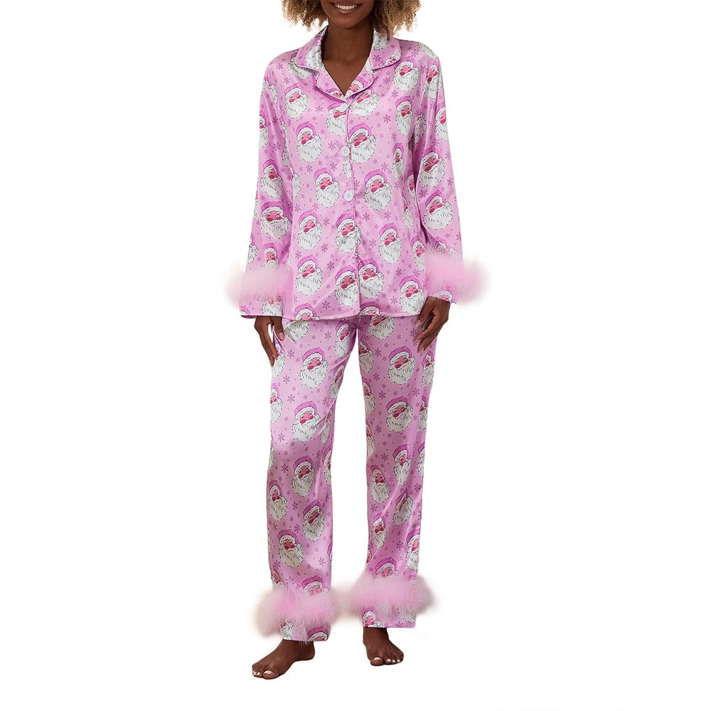 Amiblvowa Christmas Pajamas for Women Silk Satin Long Sleeve Lounge Set Feather Trim Christmas Shirt Matching Pants Pjs Set (Rose Red Santa, S)