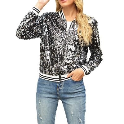 GOKKILRW Women Sparkly Sequin Crop Jacket Glitter Zipper Shiny Sparkle Outwear 90s Party Club Metallic Coats Concert Outfits
