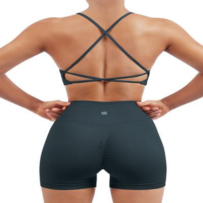 SUUKSESS Women Seamless 2 piece Workout Sets Strappy Padded Sports Bra Booty High Waisted Shorts Outfits (Deep Green,XS)