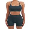 SUUKSESS Women Seamless 2 piece Workout Sets Strappy Padded Sports Bra Booty High Waisted Shorts Outfits (Deep Green,XS) view 2