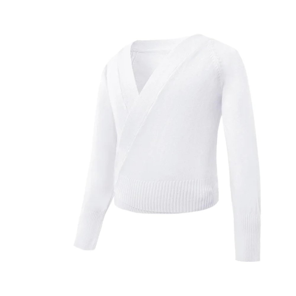 LNJMRU Ballet Dance Wrap Tops Girls' Wrap Sweater Dance Top Thick Warm Ballerina Long Sleeve Knit Cardigan Ballet Sweater(White,140(130-140cm Height)
