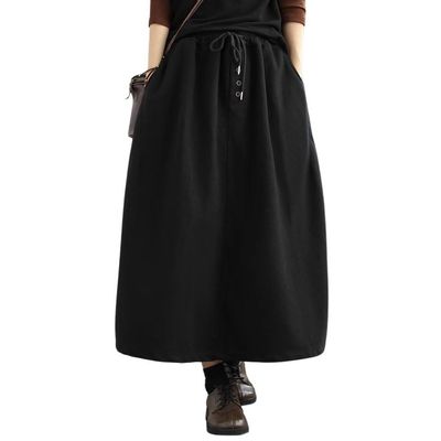 chouyatou Women's Elastic Waist Pleated Wool Skirt A-Line Wool Blend Midi Long Skirt with Pockets (Medium, Black)
