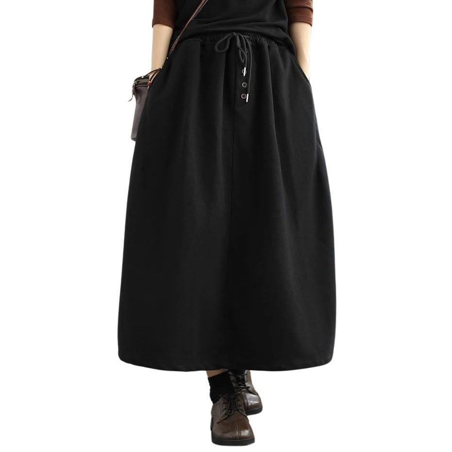 chouyatou Women's Elastic Waist Pleated Wool Skirt A-Line Wool Blend Midi Long Skirt with Pockets (Medium, Black)