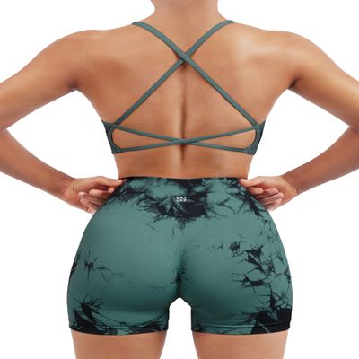SUUKSESS Women Seamless 2 piece Workout Sets Strappy Padded Sports Bra Booty High Waisted Shorts Outfits (Deep Green Tie Dye,XS)