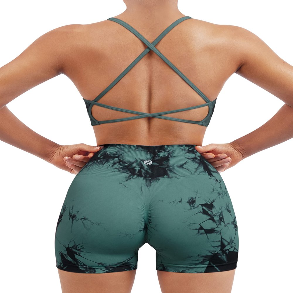 SUUKSESS Women Seamless 2 piece Workout Sets Strappy Padded Sports Bra Booty High Waisted Shorts Outfits (Deep Green Tie Dye,XS)