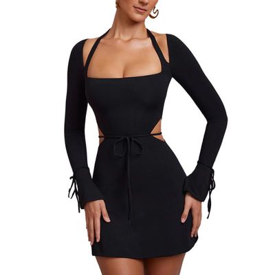 MISSORDPRO Women's Black Cut-Out Bodycon Dress with Tie Details and Long Sleeves Dresses