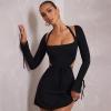 MISSORDPRO Women's Black Cut-Out Bodycon Dress with Tie Details and Long Sleeves Dresses view 2