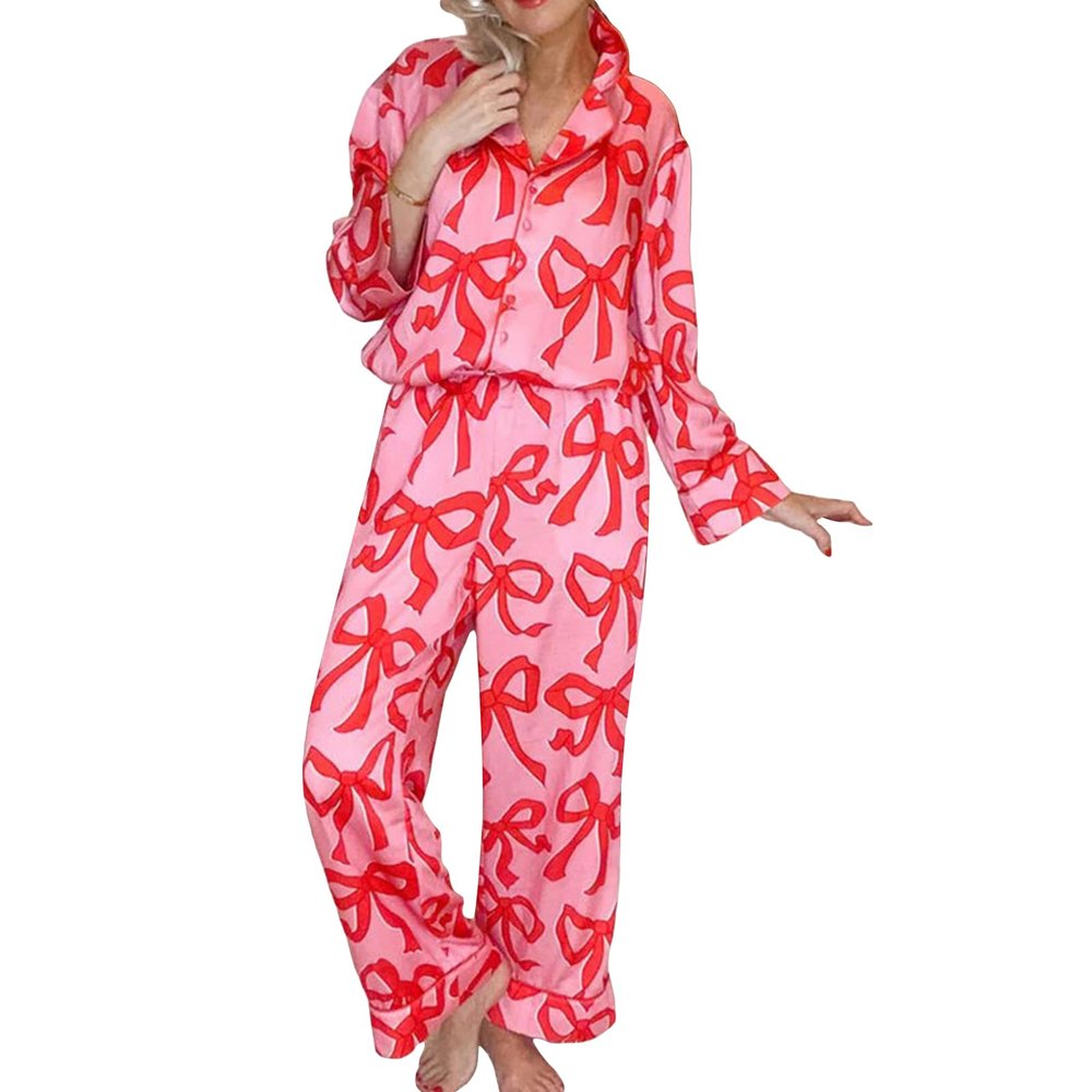 Owl's-Yard Women's 2 Piece PJS Set Y2k Bow Print Long Sleeve Lapel Button Up Shirt+long Pants Pajama Sets Sleepwear (Pink, S)