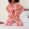 Owl's-Yard Women's 2 Piece PJS Set Y2k Bow Print Long Sleeve Lapel Button Up Shirt+long Pants Pajama Sets Sleepwear (Pink, S) view 2