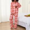 Owl's-Yard Women's 2 Piece PJS Set Y2k Bow Print Long Sleeve Lapel Button Up Shirt+long Pants Pajama Sets Sleepwear (Pink, S) view 3