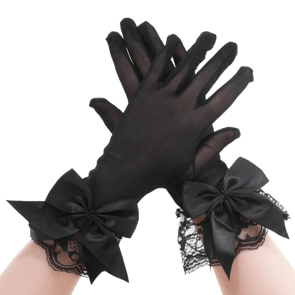 Aeaocvo Tea Party Gloves - Black Lace Ladies' Bow Hand Gloves for Dancing, Dinner Party, Masquerade, Easter, Funeral