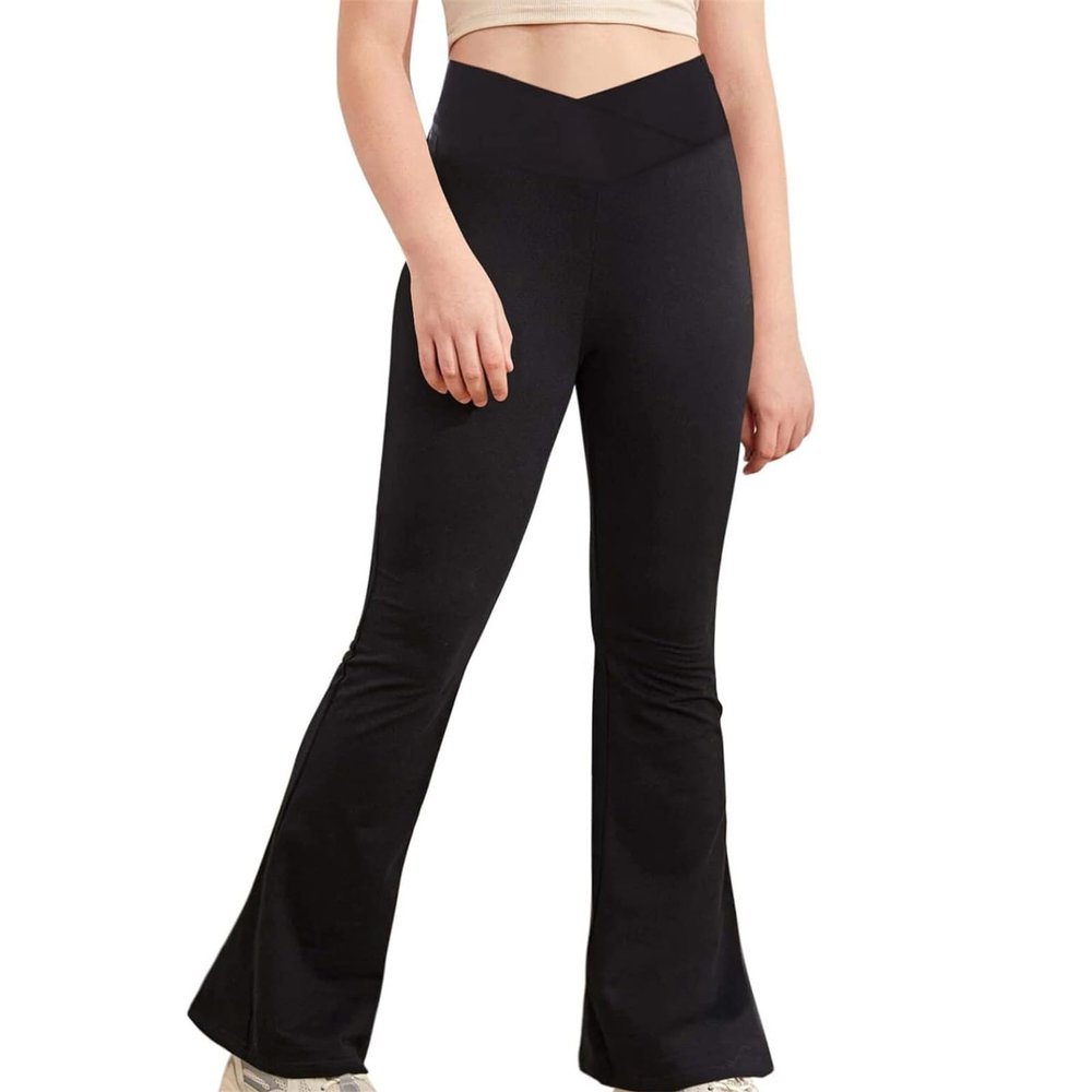 Girl's Flare Leggings, Bootcut Yoga Pants for Kids, High Waisted Bell Bottoms for Dance Workout (Black, 11-12 Years)