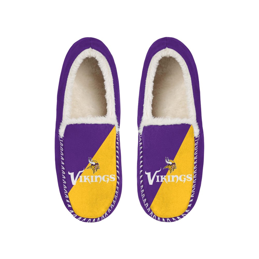 FOCO NFL Unisex-Adult Officially Licensed Color Block Primary Logo Sherpa Lined Moccasin Slippers (Minnesota Vikings, US Men's Size 9-10/Women's Size 11-12)