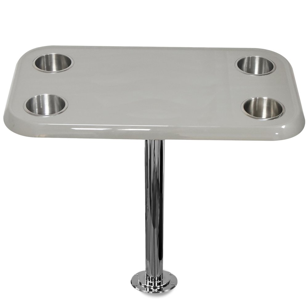 Grey Boat Table Top Set w/ Secure Mounting Hardware  Pontoon Boat Table Set w/ Heavy-Duty Flat Mount Head, Durable 304 Stainless Steel Stand Post & Cup Holders - Compact, Easy to Install & Remove