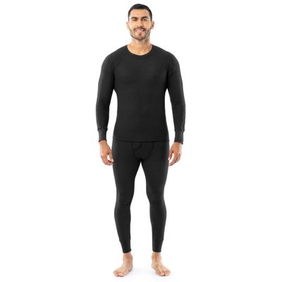 Indera Men's Traditional Waffle Thermal Underwear Long Johns Crew Top and Pant Set, Black, Large