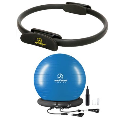 ProBody Pilates 14" Magic Circle and a 65 cm Yoga Ball with Base and Bands (2pcs) Bundle for Stability, Barre, Yoga, Core Training and Physical Therapy