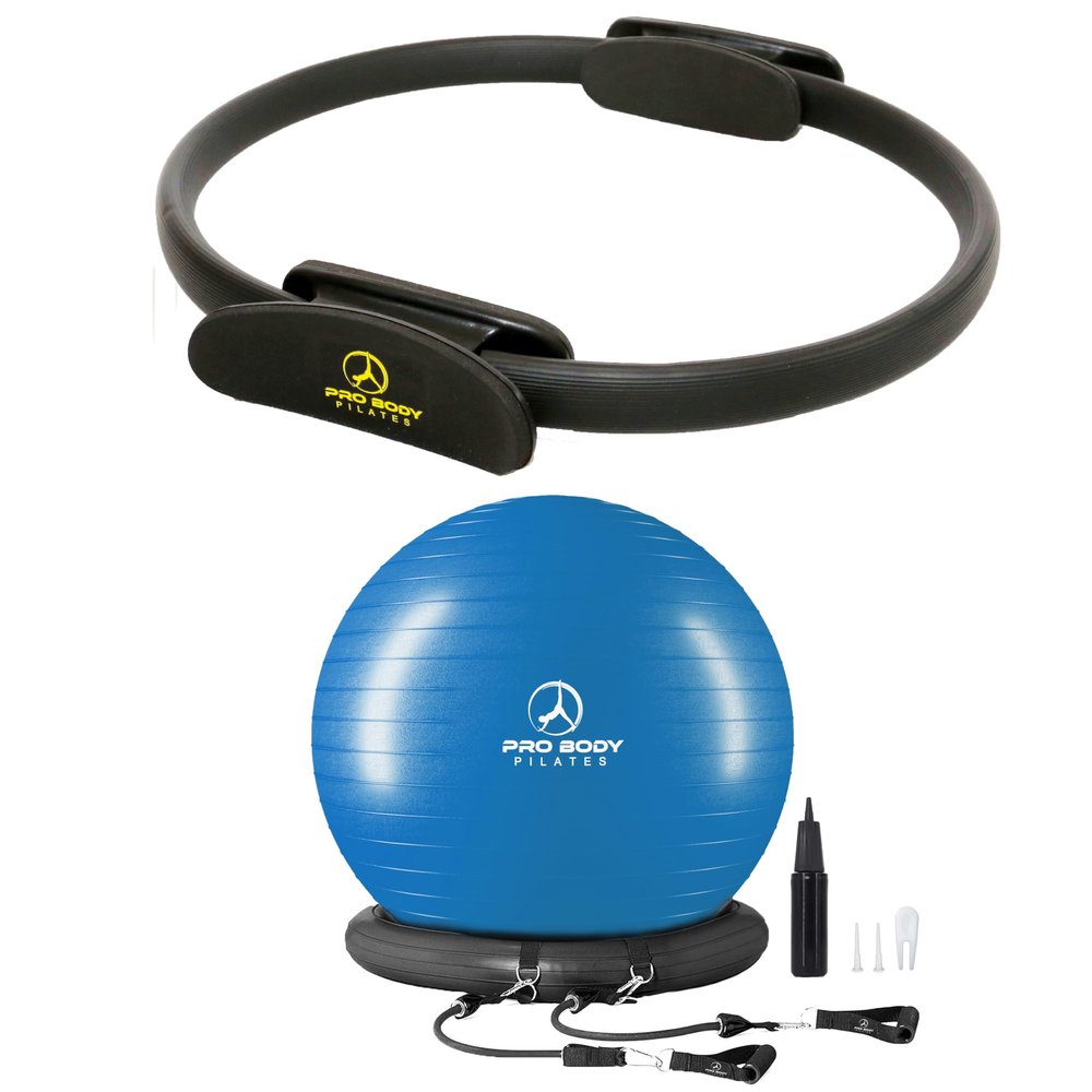 ProBody Pilates 14" Magic Circle and a 65 cm Yoga Ball with Base and Bands (2pcs) Bundle for Stability, Barre, Yoga, Core Training and Physical Therapy