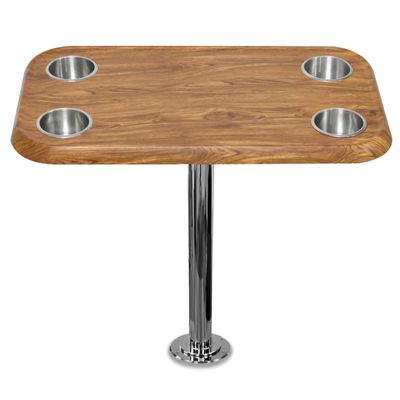 Teak Boat Table Top Set w/ Secure Mounting Hardware  Pontoon Boat Table Set w/ Heavy-Duty Flat Mount Head, Durable 304 Stainless Steel Stand Post & Cup Holders - Compact, Easy to Install & Remove