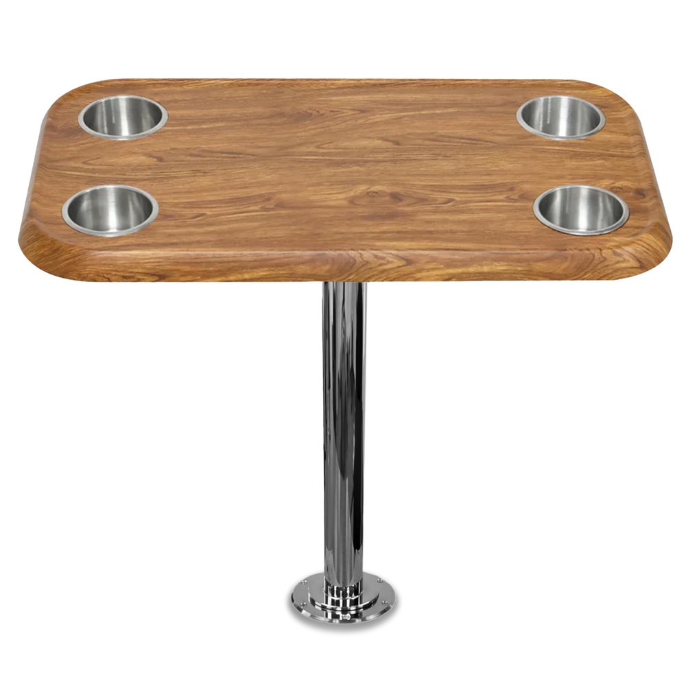 Teak Boat Table Top Set w/ Secure Mounting Hardware  Pontoon Boat Table Set w/ Heavy-Duty Flat Mount Head, Durable 304 Stainless Steel Stand Post & Cup Holders - Compact, Easy to Install & Remove