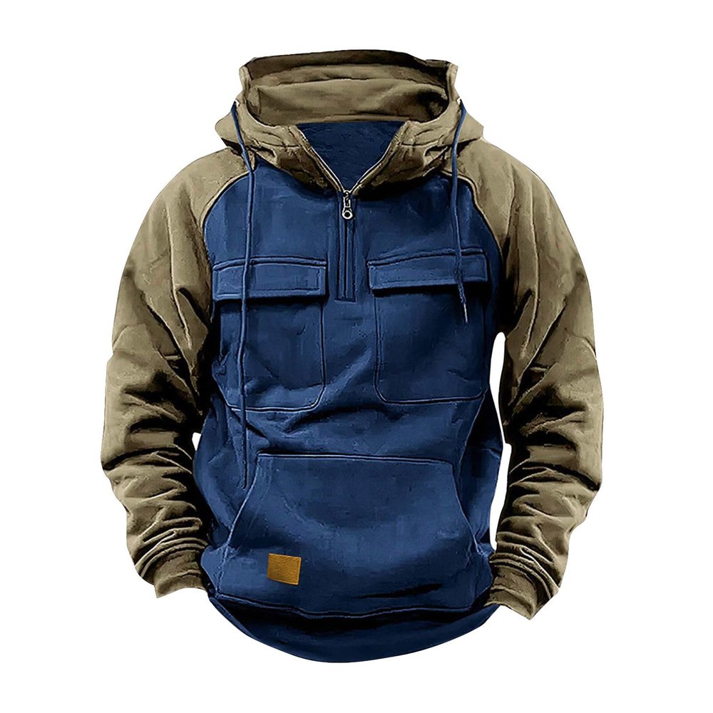 Men Color Block Hoodies Quarter Zip Pullover Workout Running Cargo Hoodies Military Tactical Sweatshirt Jacket Pocket