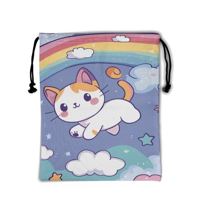 Cartoon Cat Gymnastics Grip Bag Rainbow Cloud Drawstring Bag Colorful Stars Decor Athlete String Bag for Grips