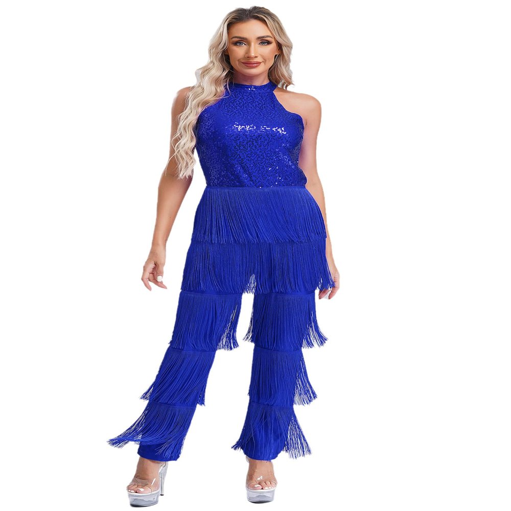 Rswnyirn Women Sparkly Sequins Fringed Leotard Jumpsuits Latin Jazz Moden Contemporary Dance Costume Royal Blue Medium