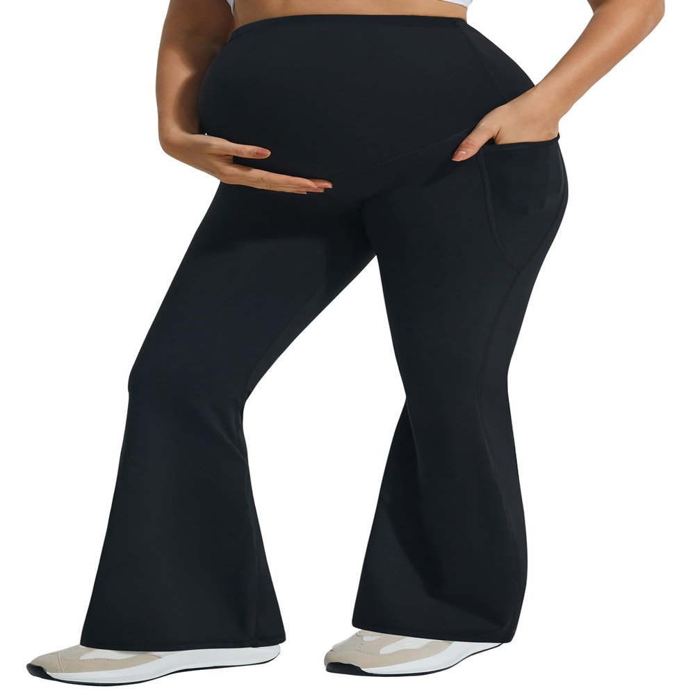 JOYSPELS Maternity Flare Leggings Over The Belly with Pockets Soft, Comfortable Pregnancy Yoga & Daily & Work Pants Black