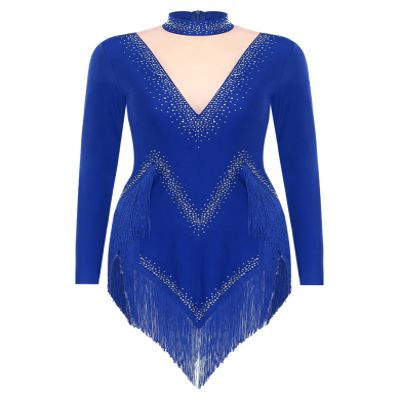 HULIJA Women's Sparkly Latin Dance Dress Long Sleeve Tassel Cha Cha Salsa Rumba Tango Performance Costume Blue Medium