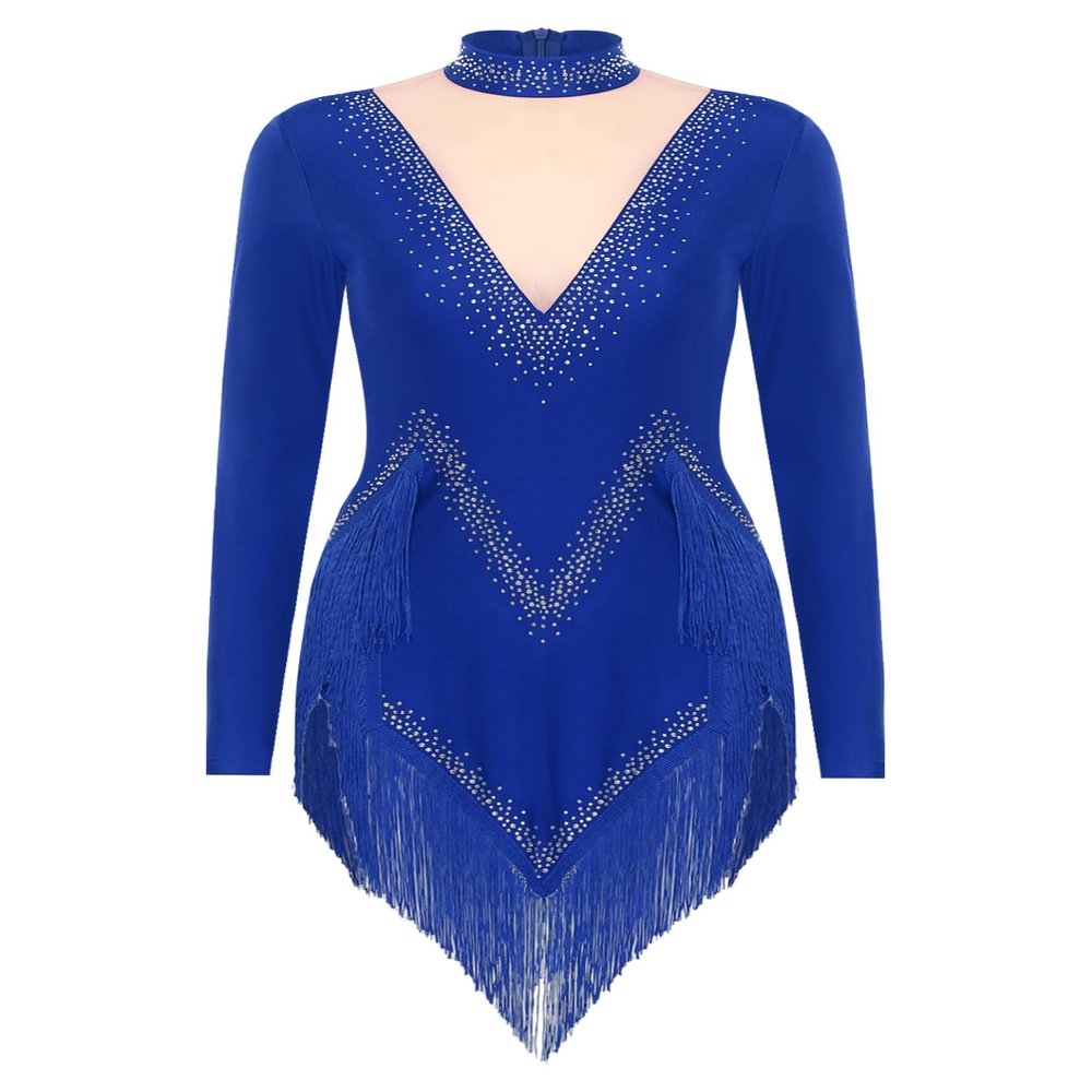 HULIJA Women's Sparkly Latin Dance Dress Long Sleeve Tassel Cha Cha Salsa Rumba Tango Performance Costume Blue Medium