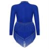 HULIJA Women's Sparkly Latin Dance Dress Long Sleeve Tassel Cha Cha Salsa Rumba Tango Performance Costume Blue Medium view 2