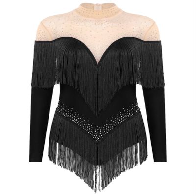 HULIJA Women's Long Sleeve Sheer Mesh Patchwork Latin Dance Costume Leotard Tango Jazz Dance Leotard Black Small