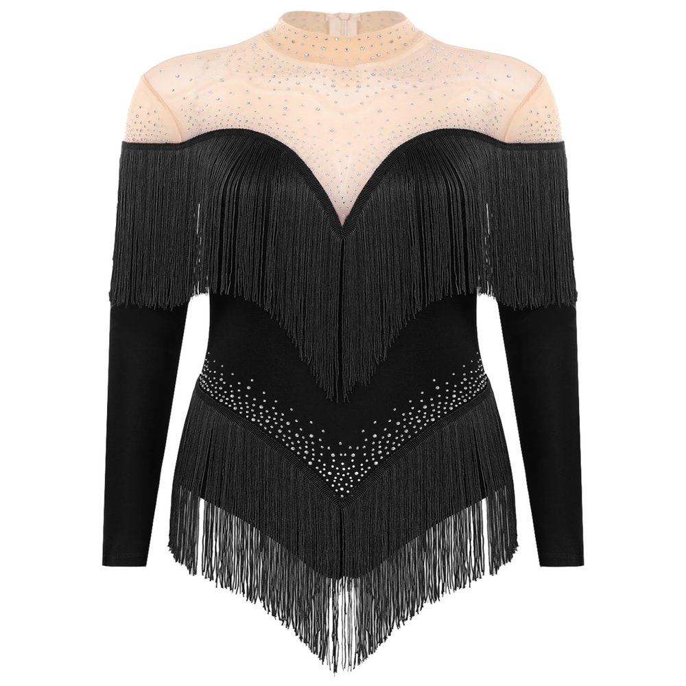 HULIJA Women's Long Sleeve Sheer Mesh Patchwork Latin Dance Costume Leotard Tango Jazz Dance Leotard Black Small