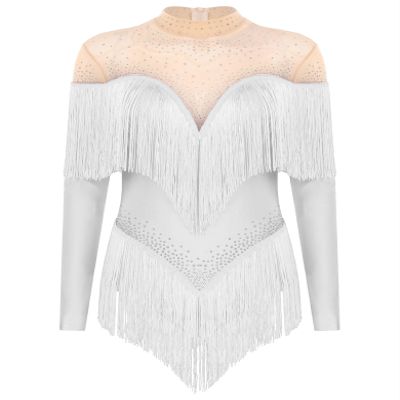 HULIJA Women's Long Sleeve Sheer Mesh Patchwork Latin Dance Costume Leotard Tango Jazz Dance Leotard White X-Large