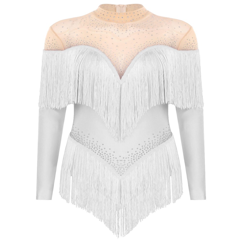 HULIJA Women's Long Sleeve Sheer Mesh Patchwork Latin Dance Costume Leotard Tango Jazz Dance Leotard White X-Large