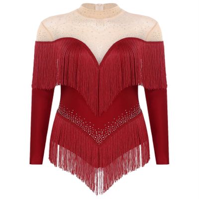 HULIJA Women's Long Sleeve Sheer Mesh Patchwork Latin Dance Costume Leotard Tango Jazz Dance Leotard Burgundy Medium