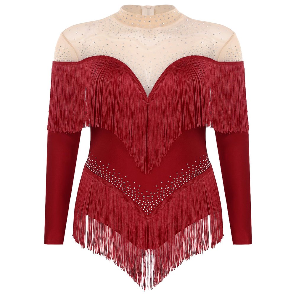 HULIJA Women's Long Sleeve Sheer Mesh Patchwork Latin Dance Costume Leotard Tango Jazz Dance Leotard Burgundy Medium