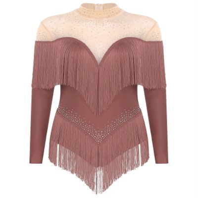 HULIJA Women's Long Sleeve Sheer Mesh Patchwork Latin Dance Costume Leotard Tango Jazz Dance Leotard Dusty Pink Small