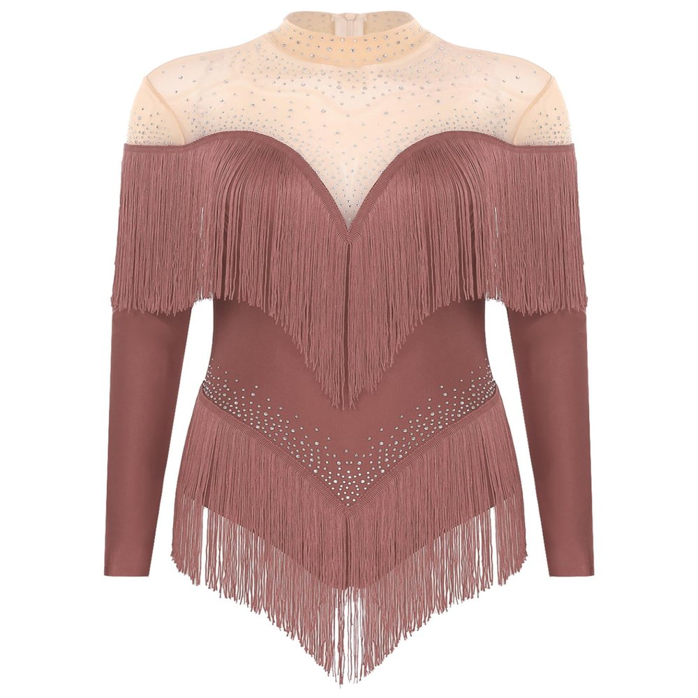 HULIJA Women's Long Sleeve Sheer Mesh Patchwork Latin Dance Costume Leotard Tango Jazz Dance Leotard Dusty Pink Small