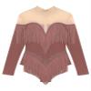 HULIJA Women's Long Sleeve Sheer Mesh Patchwork Latin Dance Costume Leotard Tango Jazz Dance Leotard Dusty Pink Small view 3