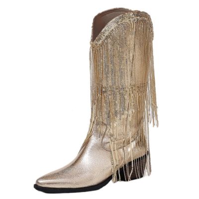 Women's Sparkle Silver Cowboy Boots - Glitter Sequin Fringe Boots with Pointy Toe & Stiletto Heel, Perfect for Disco Cowgirl Outfits & Parties (Gold, Adult, Women, 7.5, Digital, US Shoe System, Medium (Medium))