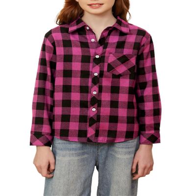 Betusline Girls' Plaid Flannel Shirt, Kids Long Sleeve Button Button Shirts Tops, F Pink & Black #12-3 Years= Tag 100