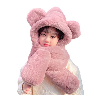 Animal Hood Hat 3 In 1 Beanie with Gloves Scarf Faux Rabbit Fur Hoodie Hat Cute Bear Ear Hat