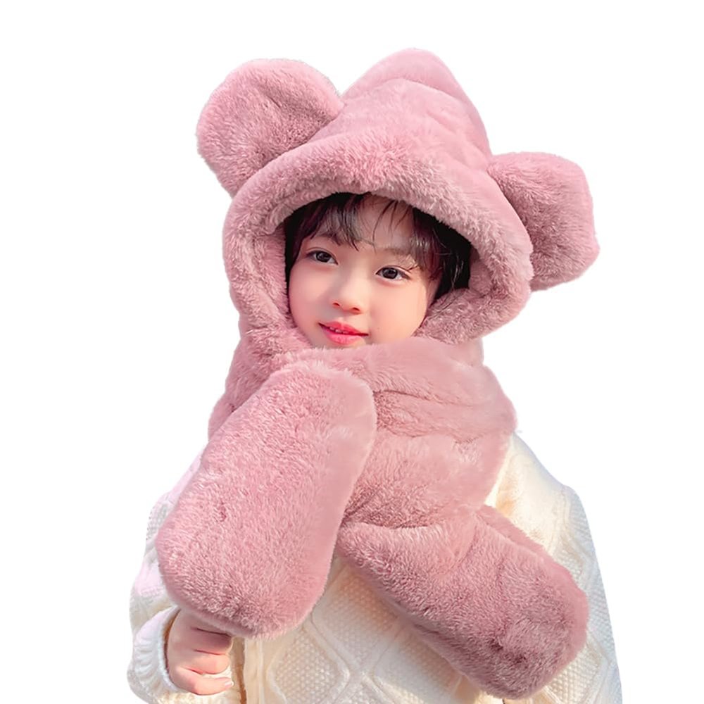 Animal Hood Hat 3 In 1 Beanie with Gloves Scarf Faux Rabbit Fur Hoodie Hat Cute Bear Ear Hat