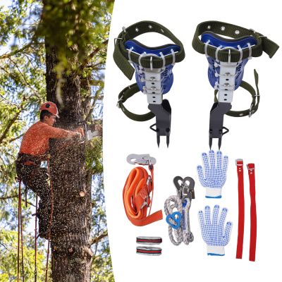 Bokknppo Tree Climbing Spikes Set Stainless Steel Cow Leather Tree Climbing Gear Pole Height Adjustable Tree Climbing Tool with Safety Belt Gloves for Outdoor Jungle Survival Fruit Picking (Blue)