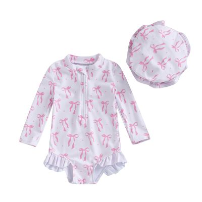 Baby Girl Swimsuit Baby Girls Long Sleeve One Piece Swimsuit Romper with Hat Bathing Suit Beach Rash Guard (Ivory, 0-3 Months)