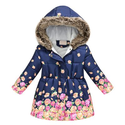 Toddler Girls' Winter Coat Insulated Long Parka Hooded Puffer Jacket with Faux Fur Collar Kids Fleece (Navy, 6-7 Years)