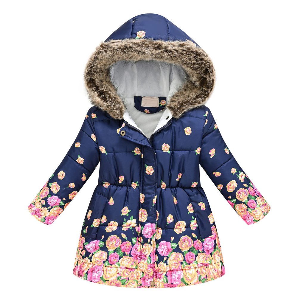 Toddler Girls' Winter Coat Insulated Long Parka Hooded Puffer Jacket with Faux Fur Collar Kids Fleece (Navy, 6-7 Years)