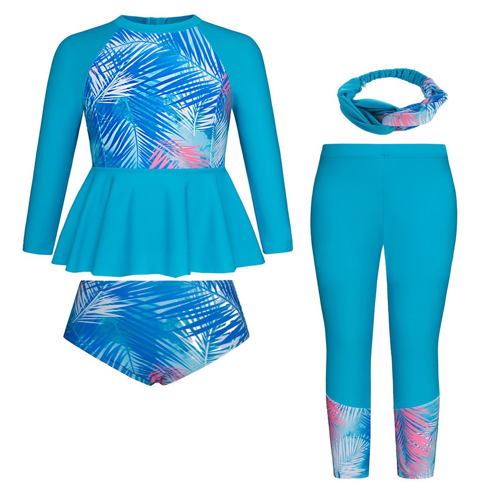GRACE KARIN Girls Long Sleeve Bathing Suit Feather Rashguard Swimsuit for Girl Size 7-8