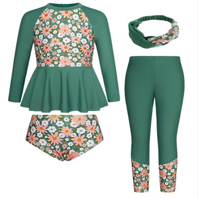 Girls Swimsuits Size 7 Green Daisy Tree Bathing Suit Sun Protect Rash Guard Sets